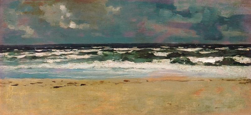 Sandy Beach with Breakers de Winslow Homer, pintura a óleo de ondas quebrando em uma praia de areia.