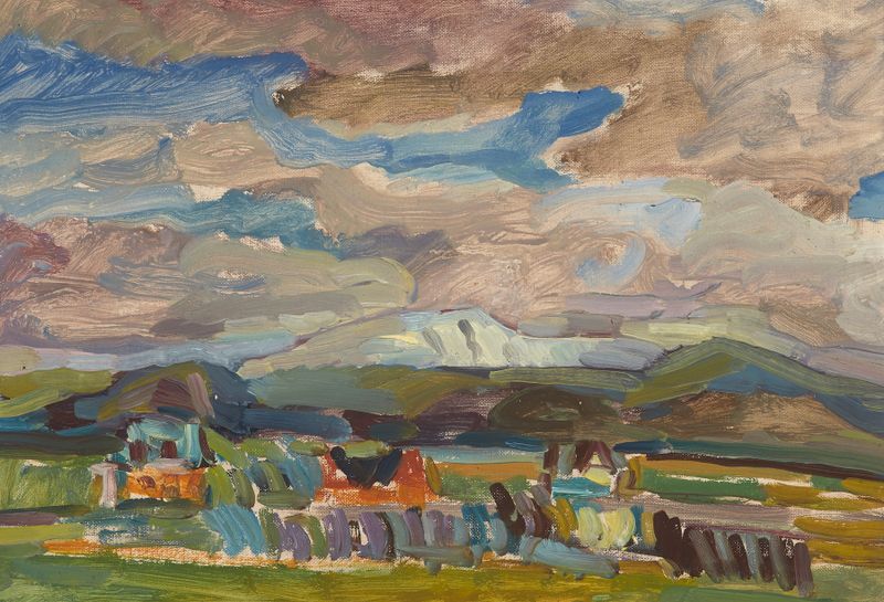 Mountain Landscape de Sasza Blonder, pintura al óleo que representa montañas majestuosas y un cielo tenue.