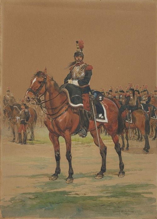 A French cuirassier in full uniform, mounted on a horse, ready for battle.