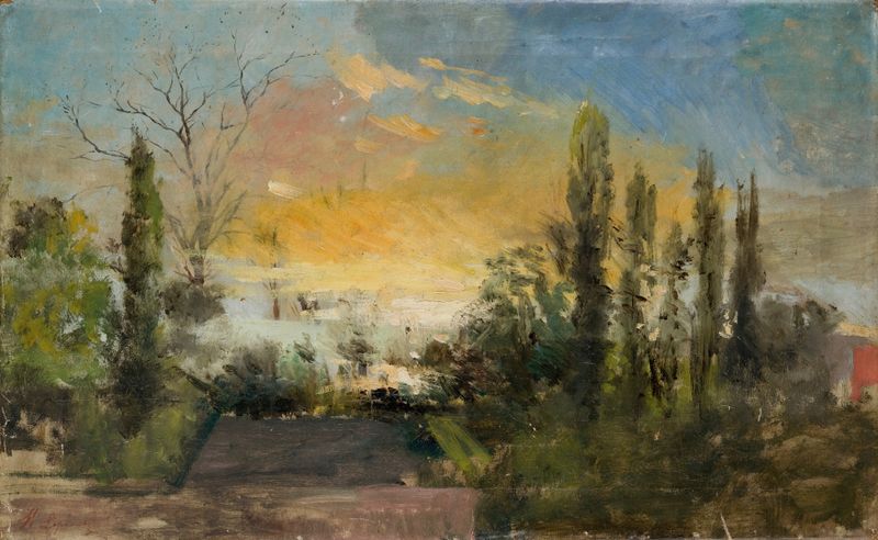 Landscape from Rabka, oil on canvas by Hipolit Lipiński, depicting lush hills and earthy tones.