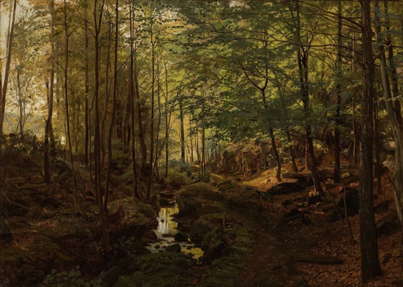 Fra Linadalen, Mandal de Amaldus Nielsen, óleo sobre tela representando um vale tranquilo com árvores e luz suave.