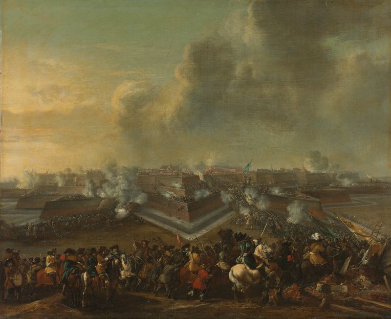 Historical oil painting by Pieter Wouwerman depicting a battle scene with soldiers.
