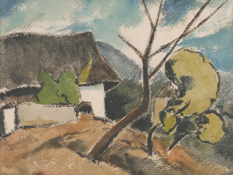 Oravská chalupa by Zolo Palugyay, oil on canvas depicting a wooden cottage in a rural landscape.