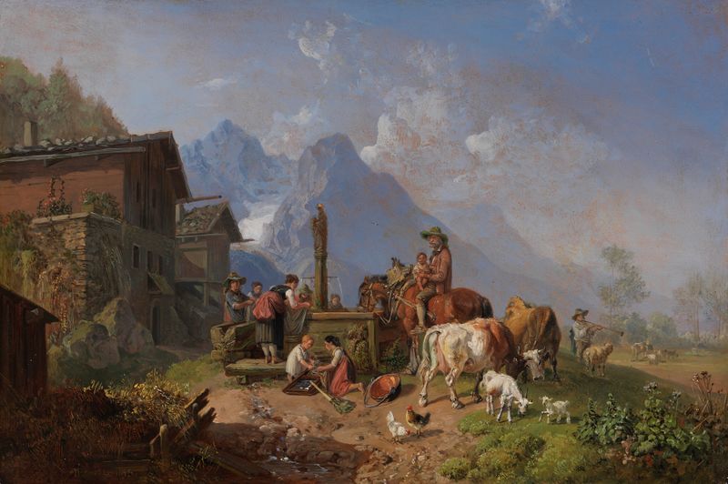 Landscape with a fountain in a mountain village by Heinrich Bürkel, oil painting