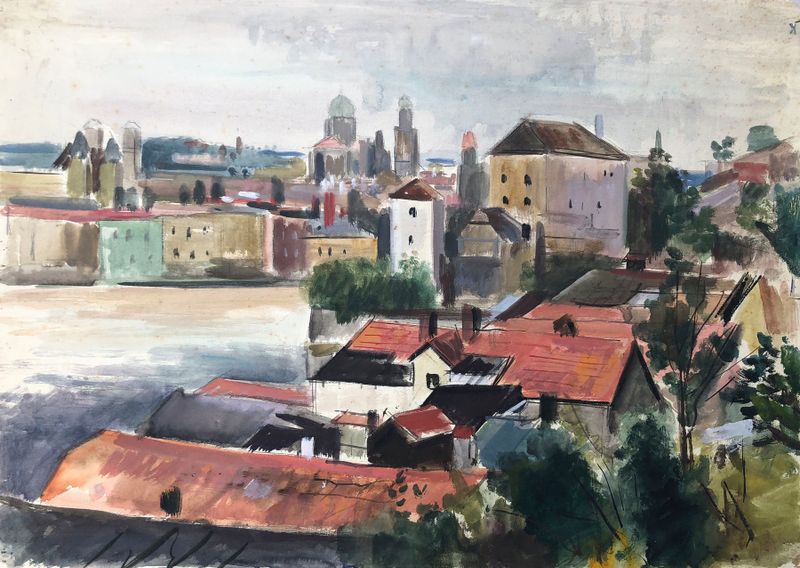 Landscape of Passau am Inn by Otto Geigenberger, oil painting featuring a river and reflections.