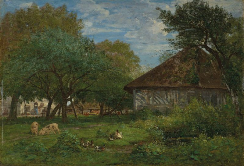 Paisaje con una granja y campos, pintura al óleo de Eugène Boudin