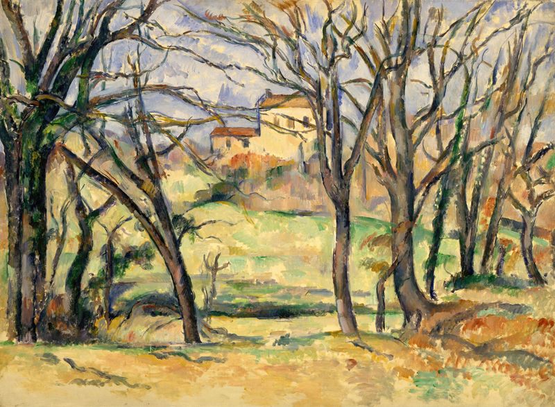 Paisagem com árvores e casas, óleo de Paul Cezanne