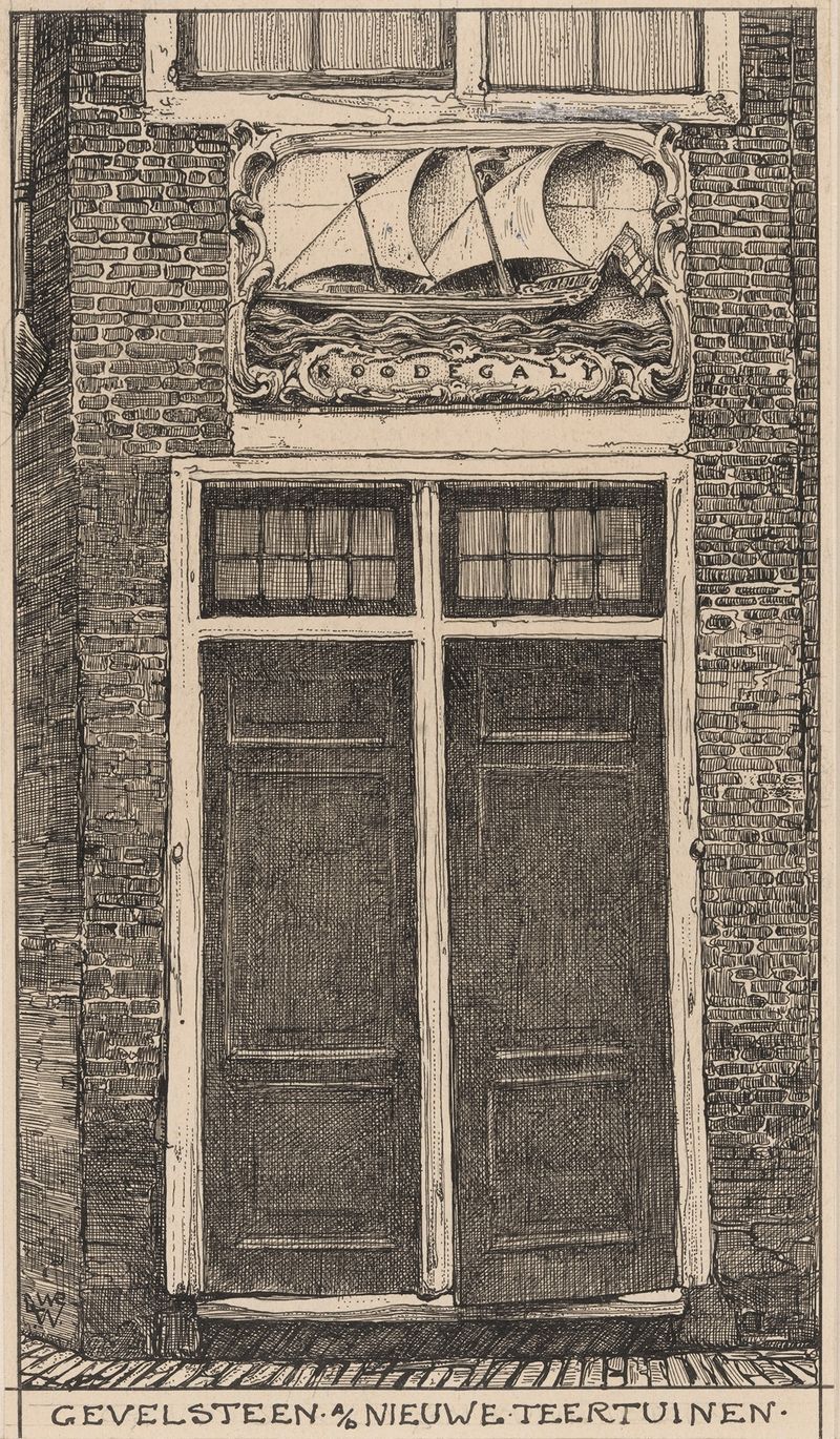 Gevelsteen aan de Nieuwe Teertuinen te Amsterdam de Willem Wenckebach, pintura al óleo que representa una pared texturizada