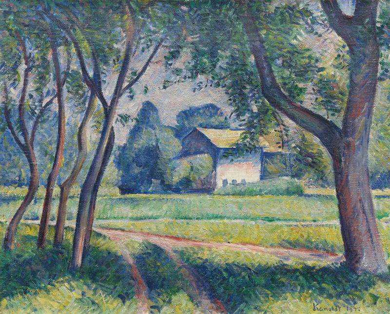 Wiesenlandschaft mit Gehöft by Alexander Kanoldt, oil painting of a serene meadow landscape.