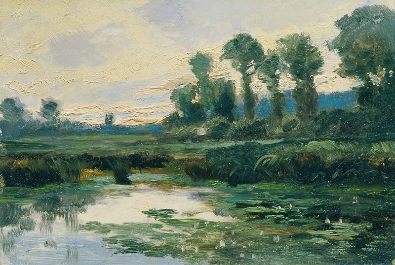 Paisaje óleo de Ferdinand Engelmüller con colinas y colores vibrantes