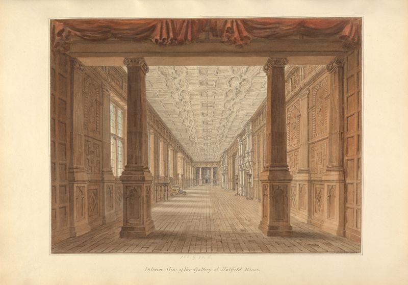 Vista interior de la Galería de Hatfield House, acuarela sobre papel de John Buckler