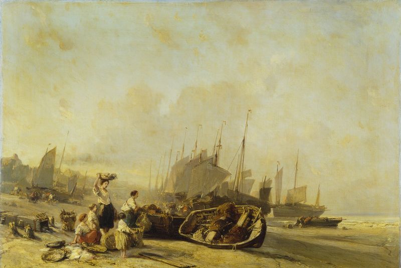 Boats on the Shore at Calais de Eugène Isabey, óleo que muestra barcos y agua