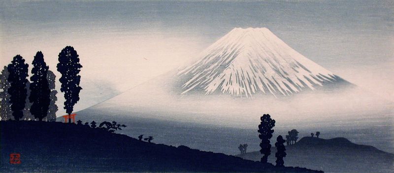 Woodblock print of Mount Fuji by Takahashi Hiroaki, featuring clouds and a pastel sky.