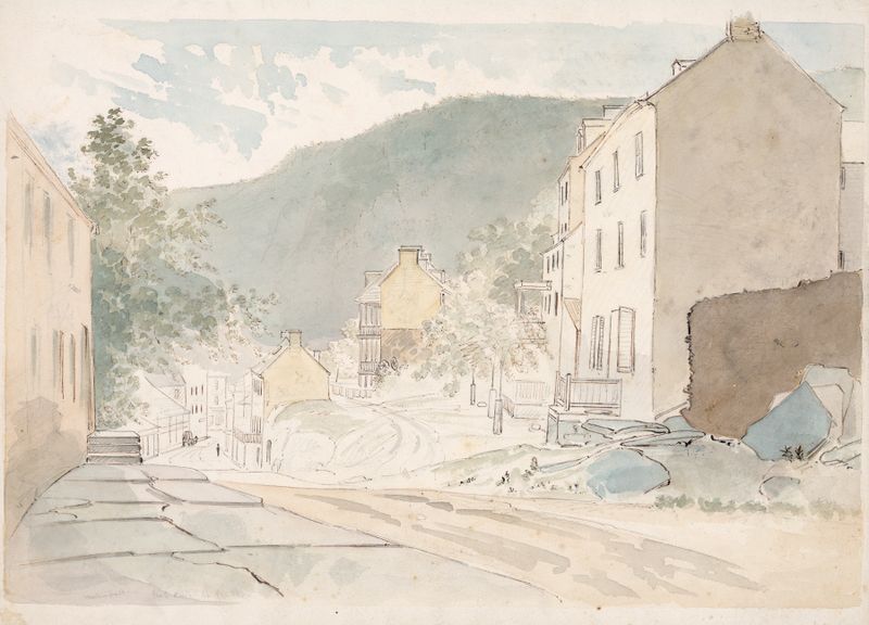 Landscape oil painting by James Madison Alden depicting a cobblestone street and river