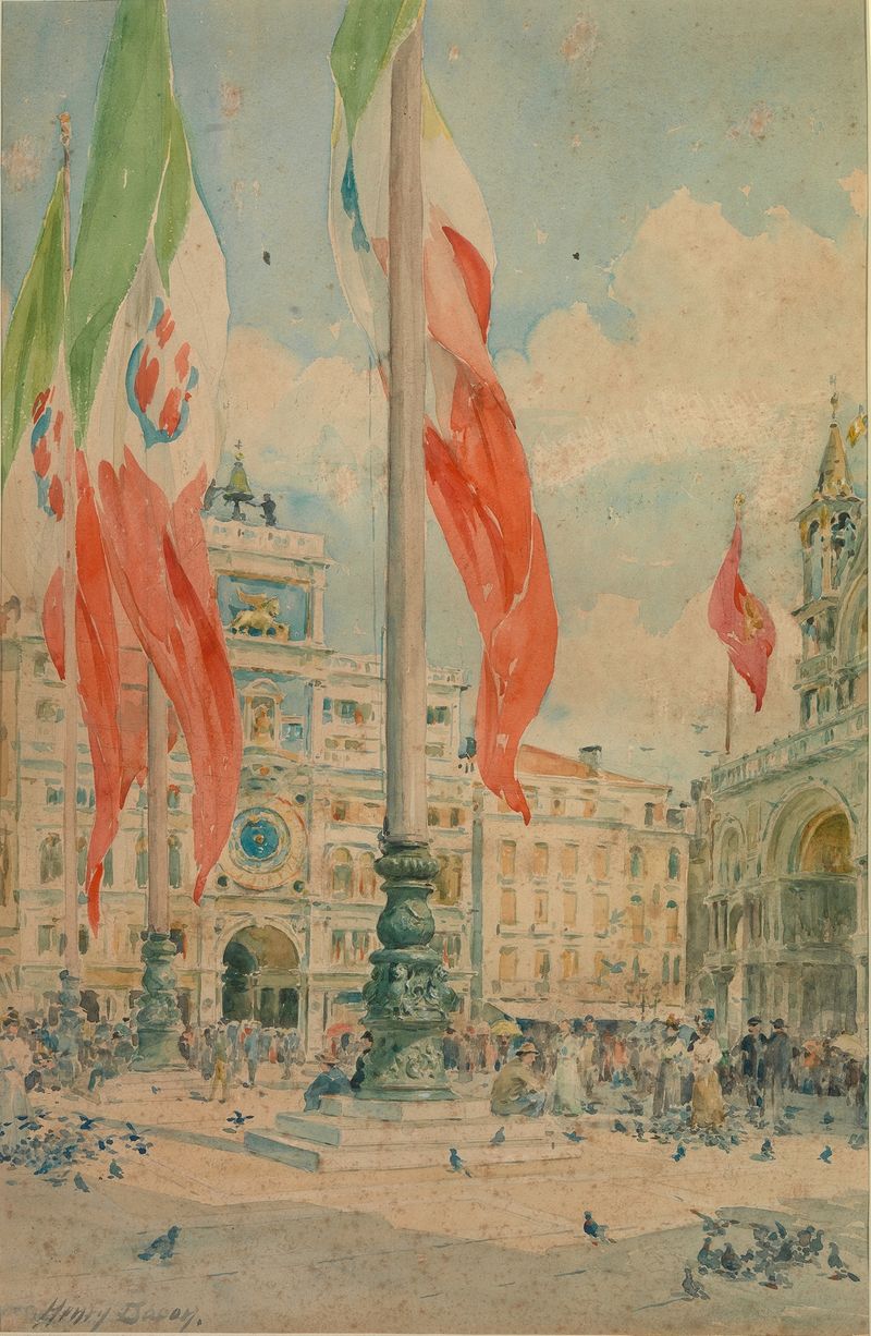 Piazza San Marco by Henry Bacon, oil on canvas depicting lively figures and architecture.