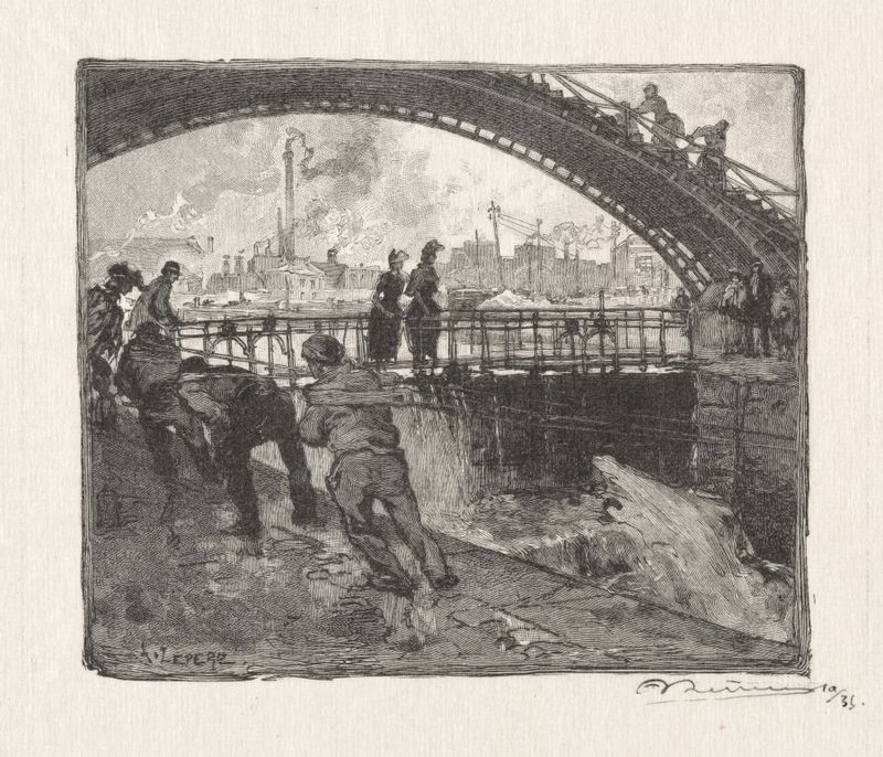 L’Ecluse du Canal St. Martin, etching by Auguste Louis Lepère, depicting a tranquil canal with reflections.
