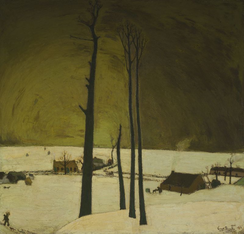 Winterlandschap by Constant Permeke, oil painting of a frosty landscape with hills.
