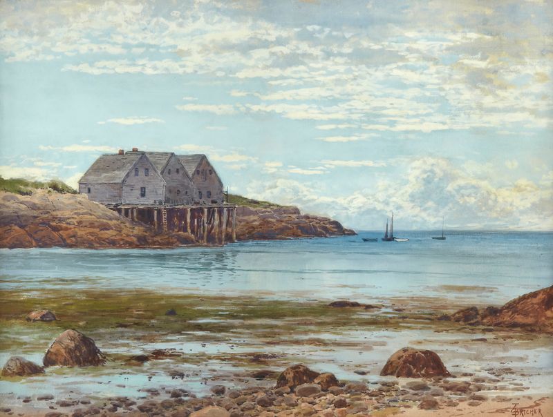 Coastal View óleo de Alfred Thompson Bricher, que muestra acantilados y océano bajo la luz del sol.