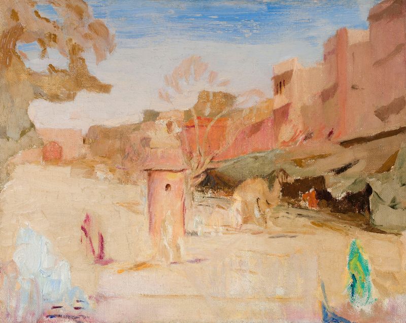 Pintura a óleo de Jan Ciągliński retratando um vibrante mercado nas ruas de Jaipur.