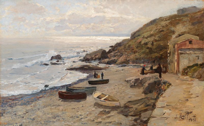 Atardecer costero con siluetas de pescadores, óleo sobre lienzo de Alfred Zoff