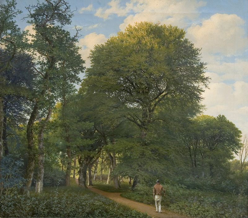Twilight forest scene with dappled light, oil painting by Heinrich Buntzen