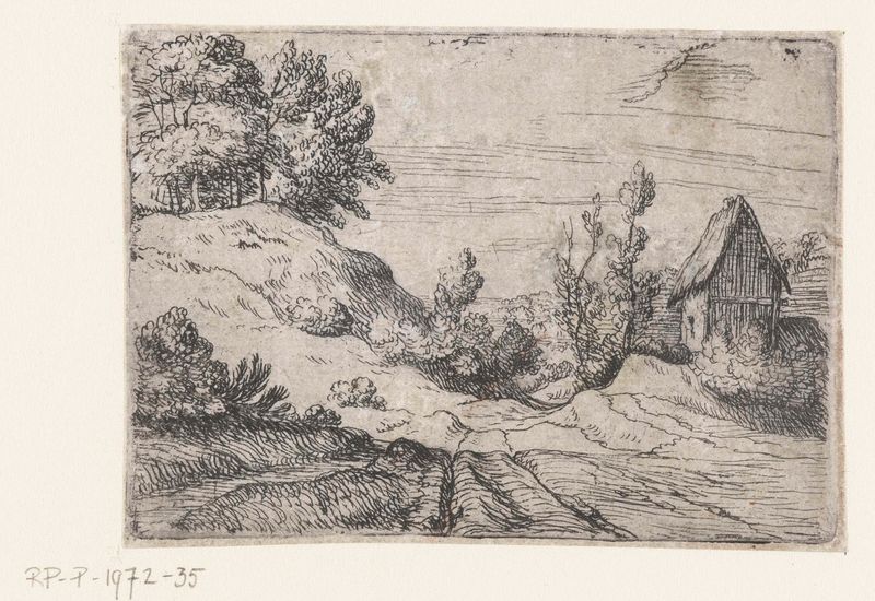 Landscape etching by Lodewijk de Vadder showing a house on a hill among trees