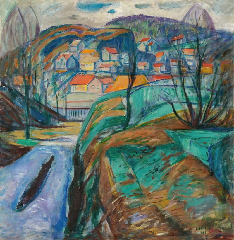Kragerø Om Våren de Edvard Munch, óleo sobre tela representando uma paisagem primaveril tranquila.
