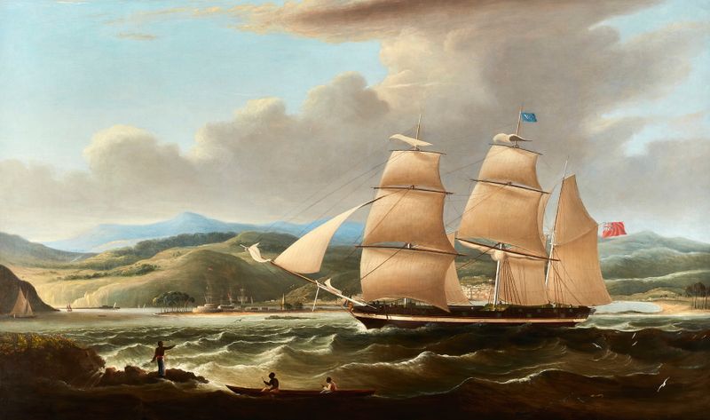 Lone British Schooner by Robert Salmon, oil on canvas depicting a schooner on a tranquil sea