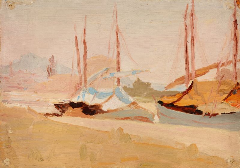Escena marina con barcos en un puerto, pintura al óleo de Jan Ciągliński
