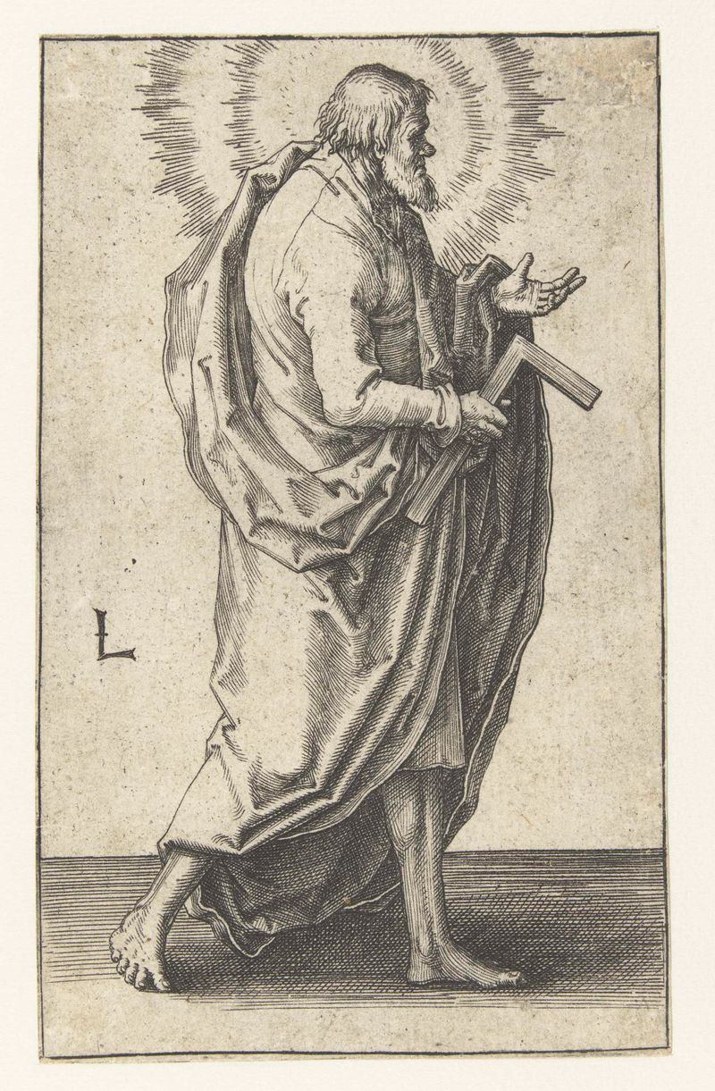 Gravura de Judas Tadeu por Lucas van Leyden, apresentando detalhes intrincados e tons ricos.