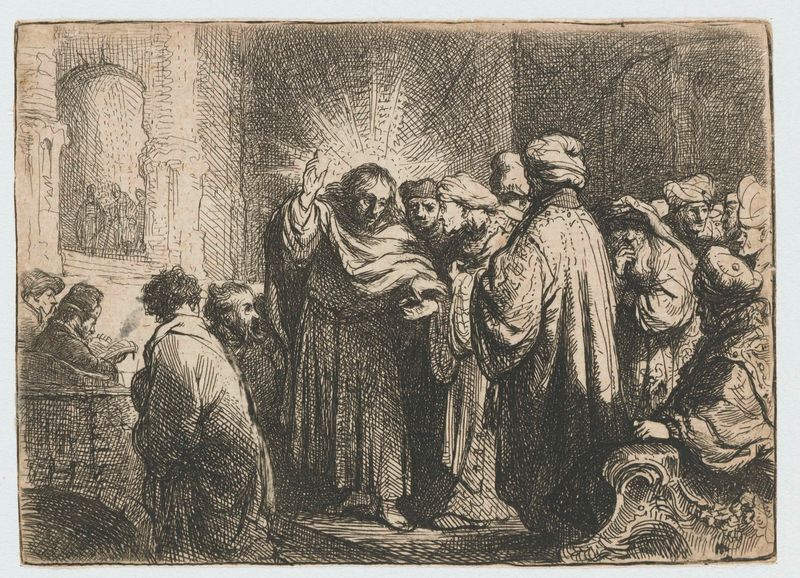 The Tribute Money, gravura de Rembrandt van Rijn mostrando Cristo com uma multidão discutindo impostos.