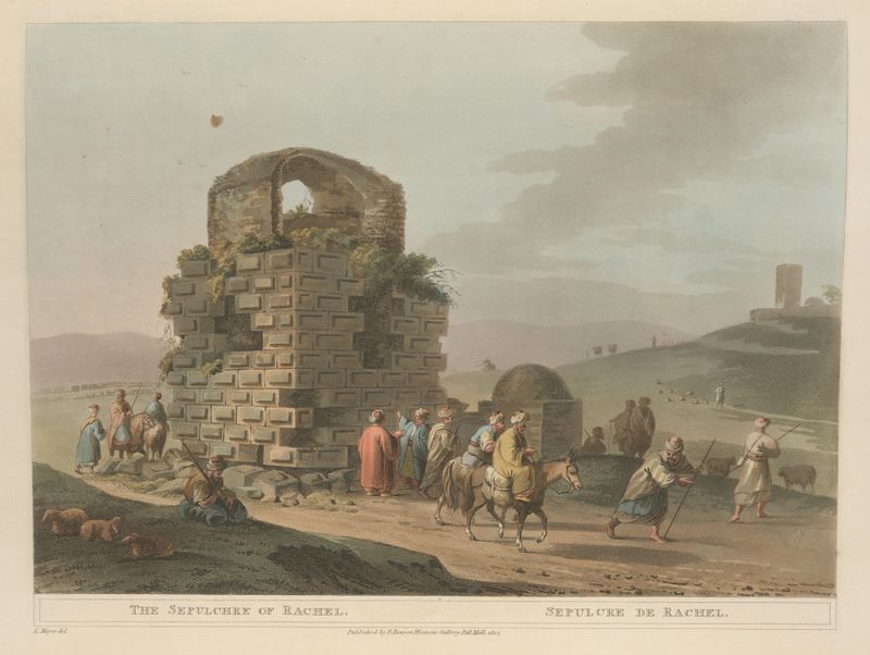 Gravura de Luigi Mayer do sepulcro de Raquel com elementos de paisagem.