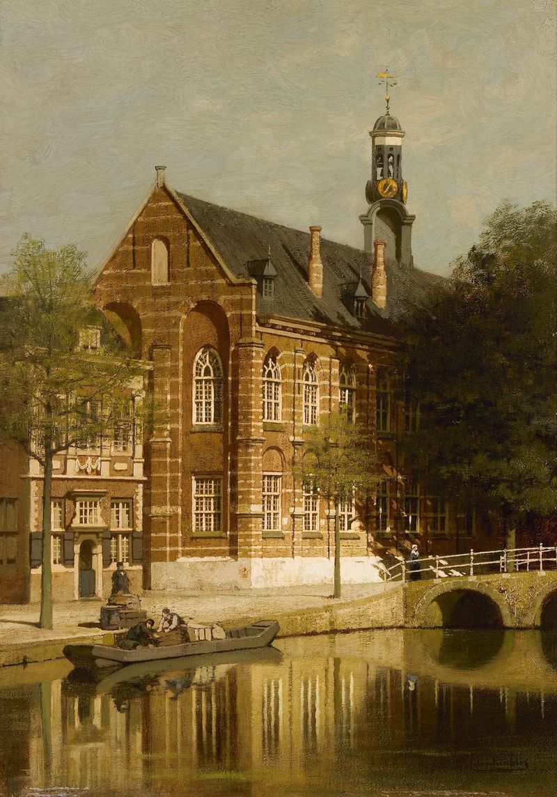Landscape oil painting by Johannes Christiaan Karel Klinkenberg depicting Leiden's architecture and water reflections.