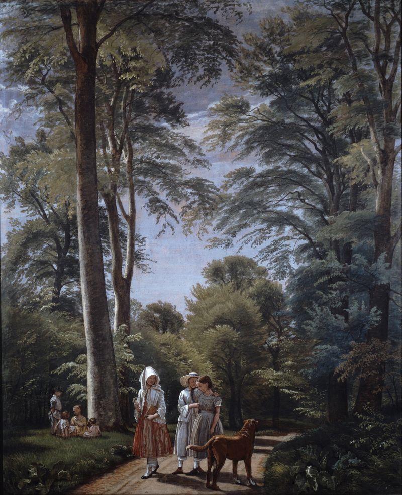 Beech Wood in May by P. C. Skovgaard, oil painting of a serene forest scene.