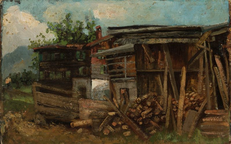 Landscape oil painting by Marie Ibsen Jensen featuring a small house in the mountains.