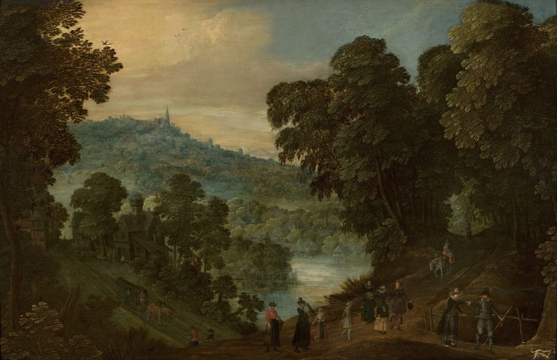 Countryside landscape with staffage by Adriaen van Stalbemt, oil painting