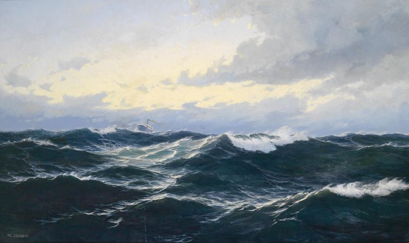Marine scene with a ship, oil painting by Max Jensen