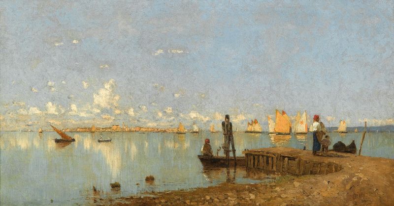 Lagune by Guglielmo Ciardi, an impressionist oil painting depicting serene waters and reflections