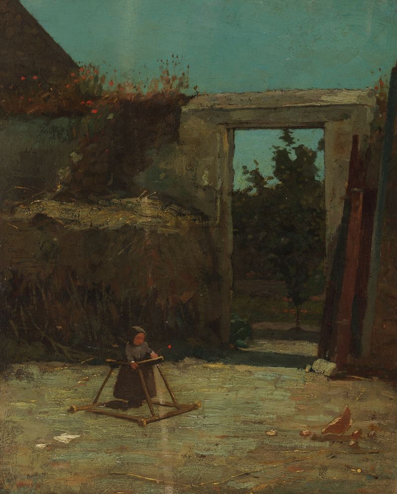 French Farmyard de Winslow Homer, pintura a óleo que retrata uma cena rural com estruturas de fazenda e animais.