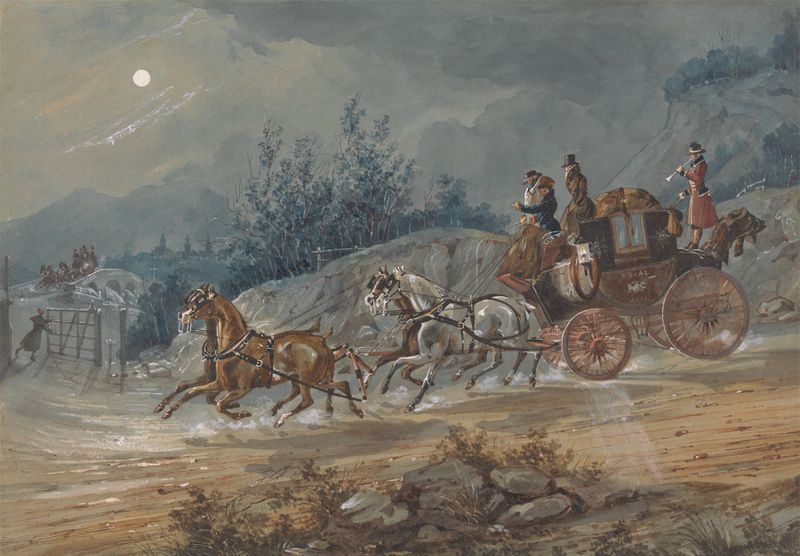 The London-Dumphries Royal Mail, oil on canvas by Charles B. Newhouse depicting a carriage and horses.