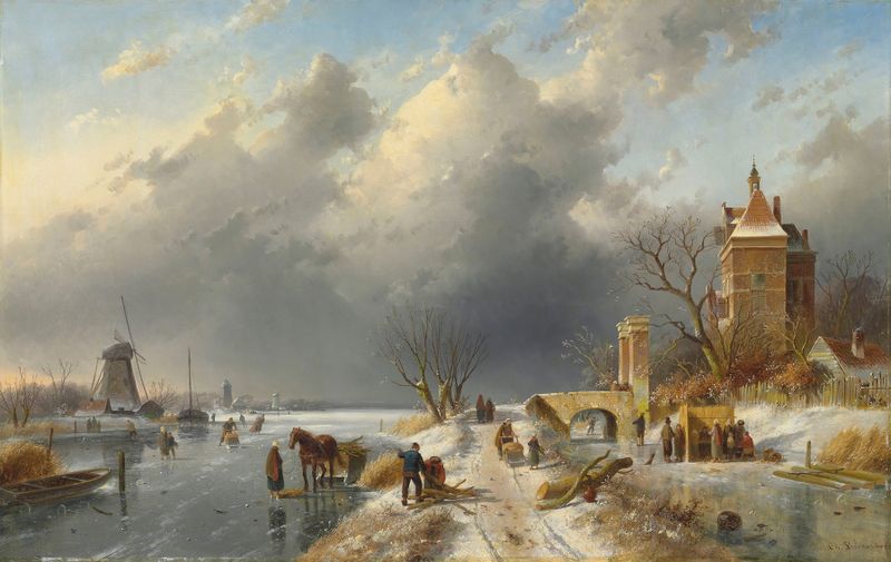 Winter landscape with figures on the ice, oil on canvas by Charles Leickert