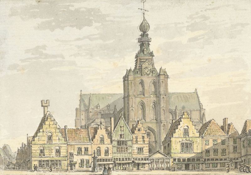 Kerk en Markt te Bergen op Zoom, oil on canvas by Abraham de Haen the Younger, featuring a church and market scene.