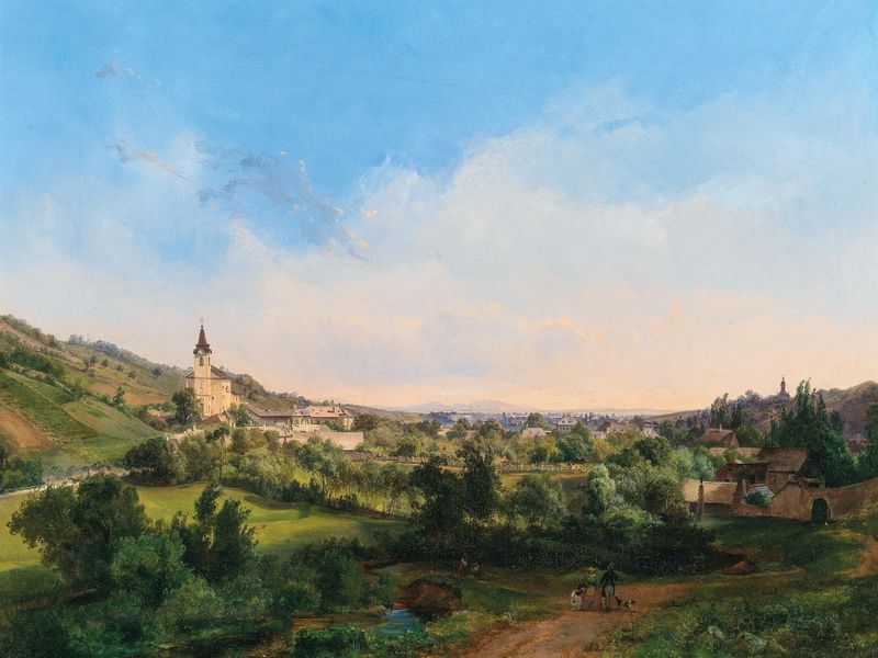 A View of the Churches of Kalksburg and Rodaun at Dawn, óleo sobre lienzo de Carl Franz Michael Geyling