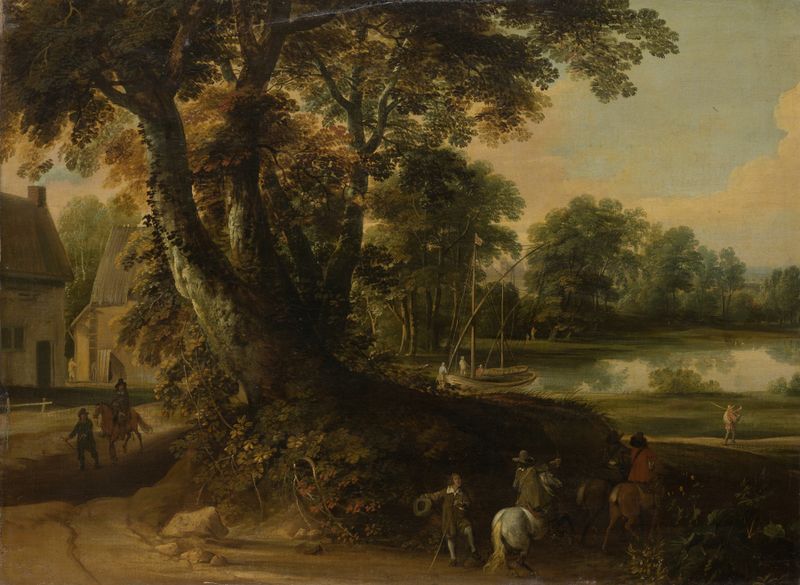 Paisagem com um grupo de árvores à beira de um lago, óleo sobre tela de Jacques d'Arthois