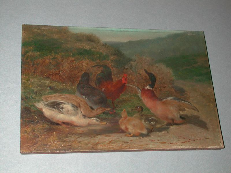 Patos y Gallinas de Philibert-Léon Couturier, óleo sobre panel que representa patos y gallinas serenos.