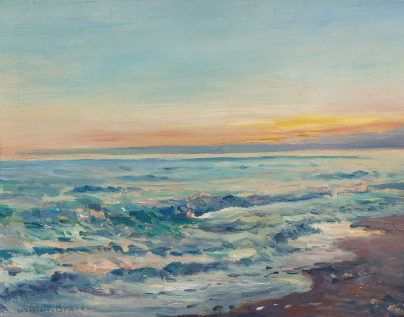 Coastal View de William Blair Bruce, pintura al óleo que muestra olas turbulentas chocando contra rocas