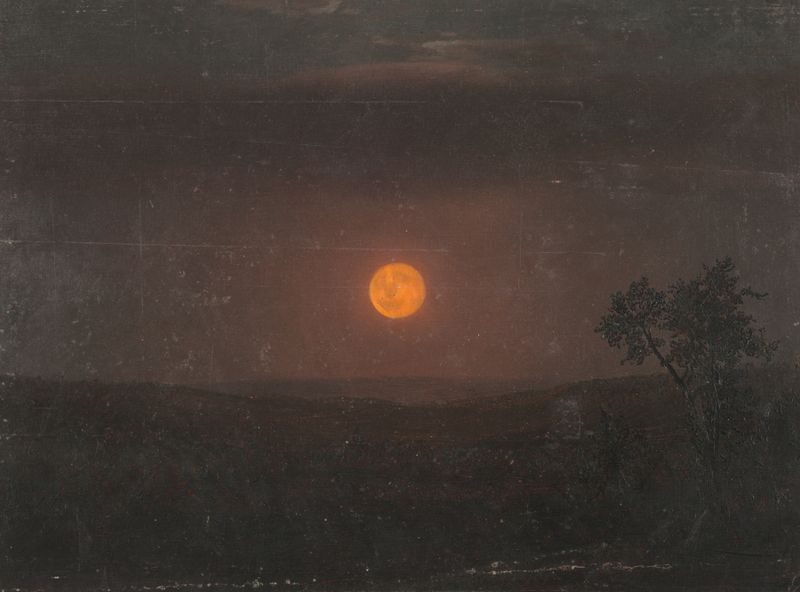 Moonlight, Church’s farm de Frederic Edwin Church, pintura a óleo de uma paisagem tranquila sob a luz da lua.
