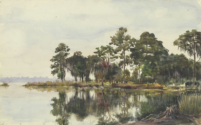 Paisagem com água e árvores de Fritz Hauck, pintura a óleo