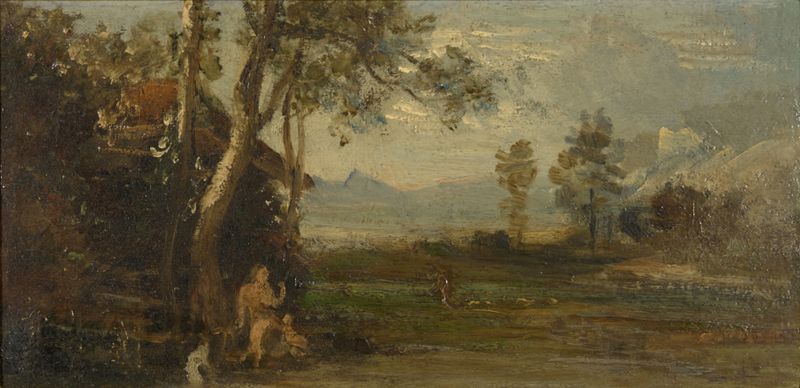 Paisagem com Figura Nua de Johann Wilhelm Schirmer, pintura a óleo com uma figura nua na natureza.