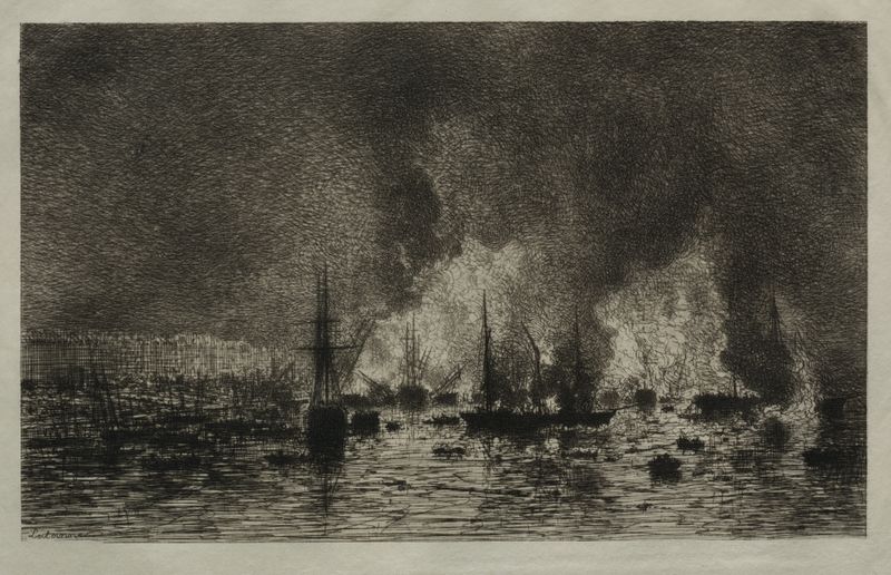 Fogo no Porto de Bordeaux, óleo sobre tela de Maxime Lalanne